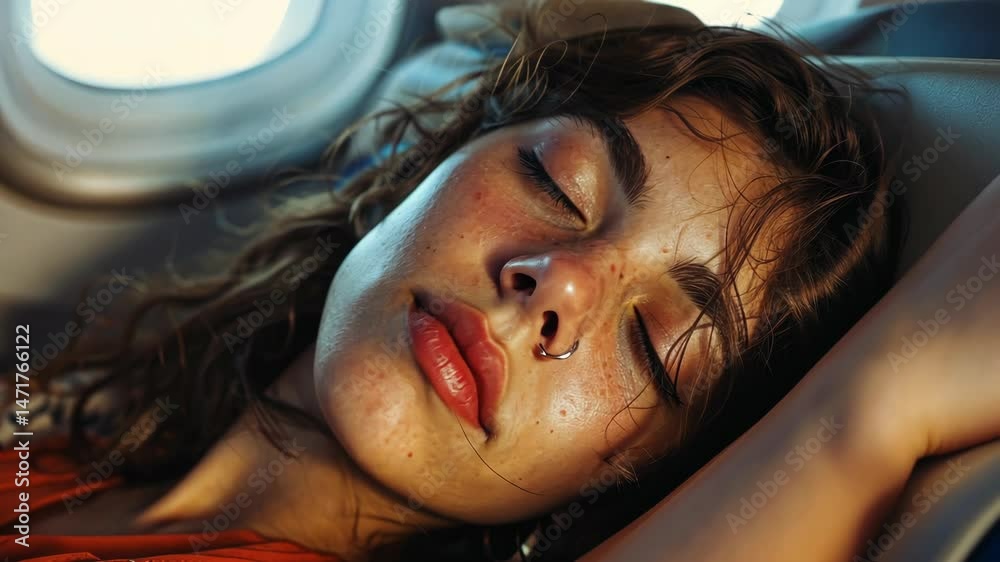 A woman peacefully resting her head on the tray table, seemingly asleep in an airplane seat during a flight. Comfortable travel scene with relaxed passenger.
