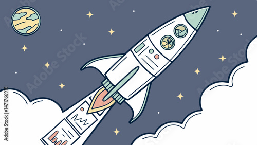 Rocket on the Moon – Flat Vector Space Illustration

