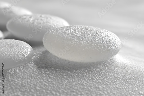 Smooth white stones with water droplets.  Close-up view of polished pebbles