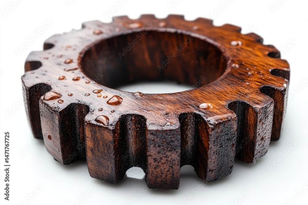 Wooden gear with water droplets Wooden gear with water droplets