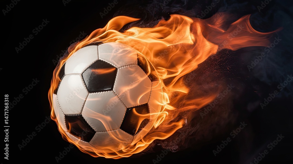 Fototapeta premium Burning Soccer Ball Isolated on Black Background, Fiery Motion Effect Symbolizing Power, Energy, Speed, and Intensity in Sports Concept