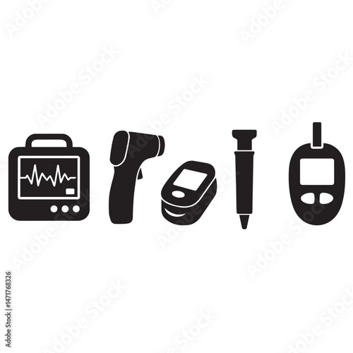 Emergency Monitoring Silhouettes – EKG Monitor, IR Thermometer, Pulse Oximeter, EpiPen, Glucometer