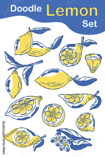 Lemon doodle collection that consists of whole lemons and lemon slices in various shapes with a blend of blue and yellow colors