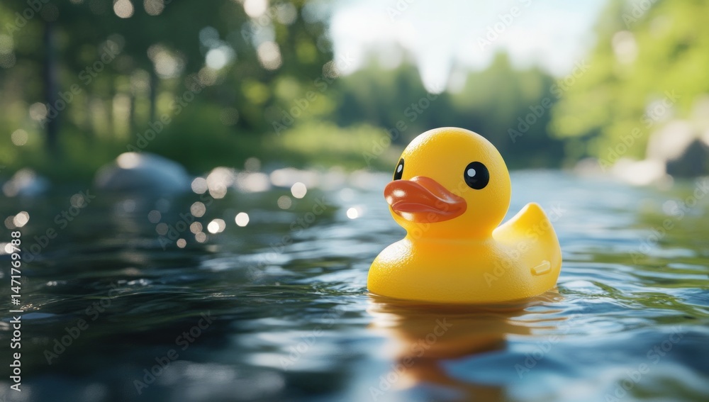 Yellow rubber duck floats on a tranquil river Yellow rubber duck floats on a tranquil river