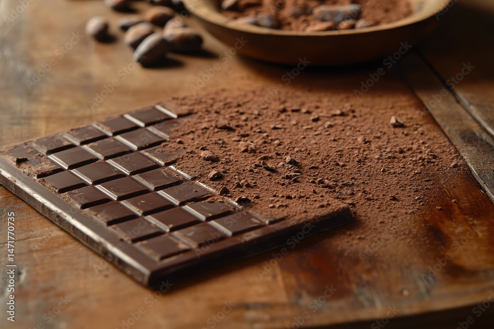 Dark chocolate bar dusted with cocoa powder on a wooden table Dark chocolate bar dusted with cocoa powder on a wooden table