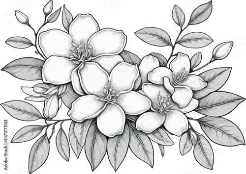 beautiful jasmine flower coloring page in black and white, featuring delicate jasmine blossoms, leaves, and swirling vines in an elegant hand-drawn line art style
