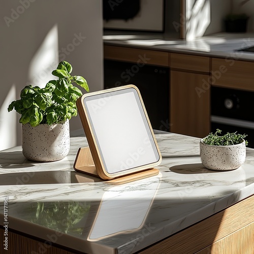 Modern wooden vanity mirror on marble countertop