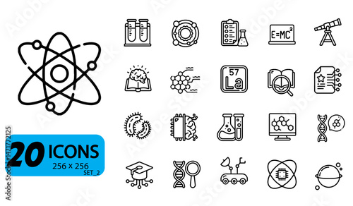 Set of 20 Science and Research Icons, Outline Style, 256x256 Pixels