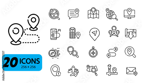 Set of 20 Navigation and Location Icons, Outline Style, 256x256 Pixels