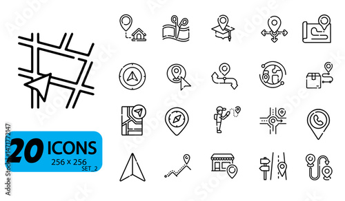 Set of 20 Navigation and Location Icons, Outline Style, 256x256 Pixels