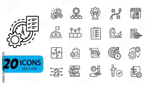 Set of 20 Project Management and Planning Icons, Outline Style, 256x256 Pixels