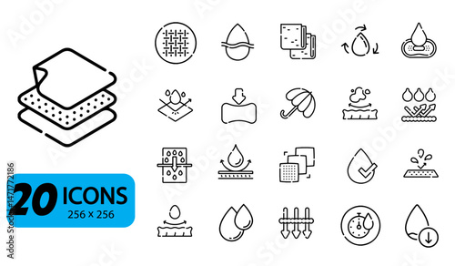 Set of 20 Waterproof and Absorbent Material Icons, Outline Style, 256x256 Pixels