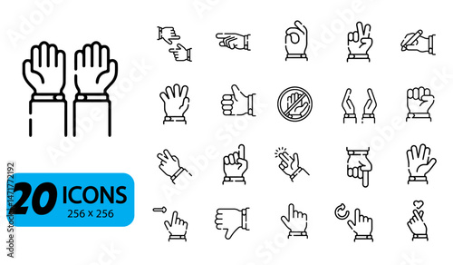 Set of 20 Hand Gestures and Sign Language Icons, Outline Style, 256x256 Pixels