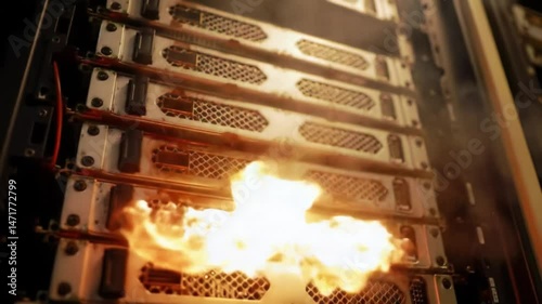 A data center experiences a dangerous fire in a server rack, leading to immediate evacuation and emergency response. Workers react swiftly to maintain safety and control the situation.