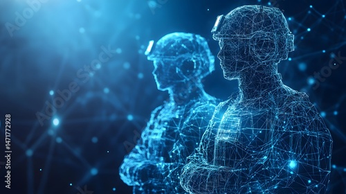 Futuristic soldiers rendered as glowing blue wireframes stand guard. Their crossed arms and military gear suggest protection. Abstract networks evoke digital warfare, Abstract dark blue wireframe.