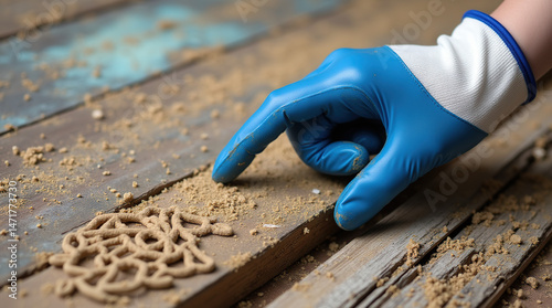 Close-Up of Gloved Hand Examining Termite Damage on Wood Surface