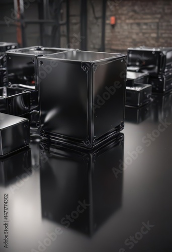 Highly polished black aluminum, reflecting industrial setting, reflective, metal