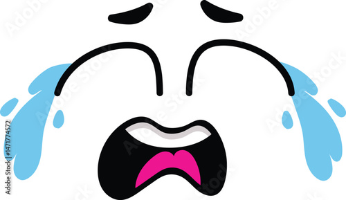 Cartoon crying face with big blue tears falling from eyes and open mouth expressing sadness and despair, isolated vector illustration on white background