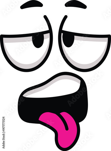 Funny cartoon face sticking out its tongue, featuring half closed eyes that convey feelings of disgust, boredom, or silliness, all set against a clean white background