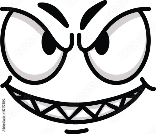 Cartoon face with narrowed eyes, sharp teeth, and sly expression, evoking mischief, trickery, and playful malice, ideal for illustrating concepts related to pranks, jokes, or cunning characters