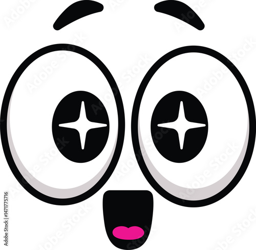 Cartoon face with open mouth and star shaped pupils showing amazement, surprise or astonishment, with raised eyebrows, on a white background