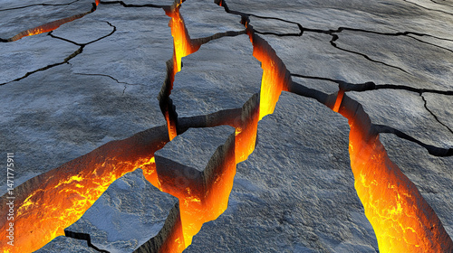 Cracked earth with glowing fissures, tectonic plates shifting below, symbolizing geological time and planetary transformation photo
