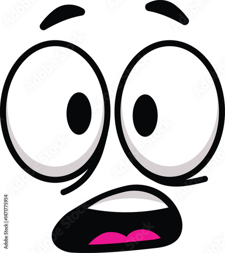 Cartoon face showing a surprised expression with wide open eyes and mouth, conveying feelings of fear, panic, and shock, ideal for illustrating emotional reactions