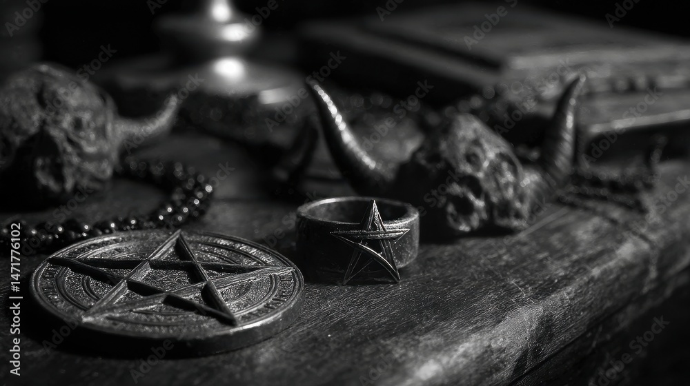 Dark, occult-themed objects on a weathered surface. Dark, occult-themed objects on a weathered surface.