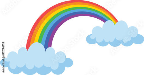 Bright, colorful rainbow arching over two fluffy clouds against a clean white background, creating a cheerful and whimsical atmosphere suitable for various design projects