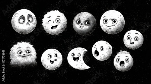 A collection of whimsical, cartoon moons with diverse expressions.