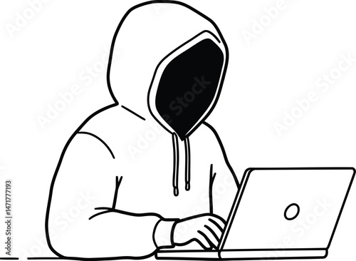 Hooded Hacker: An anonymous figure, shrouded in a hoodie, intently types on a laptop. The dark silhouette creates an air of mystery and intrigue, hinting at hidden motives and clandestine activities.