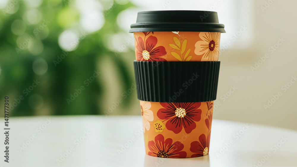 Fototapeta premium Floral Print Reusable Coffee Travel Mug with Lid and Silicone Sleeve