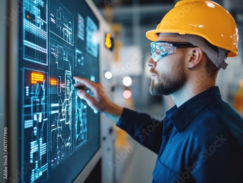 Man working on a digital control panel industrial factory