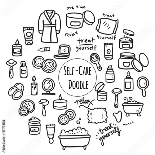 Doodle self care cosmetics set. Beauty bath set. Beauty signs, spa salon and self-care icons.