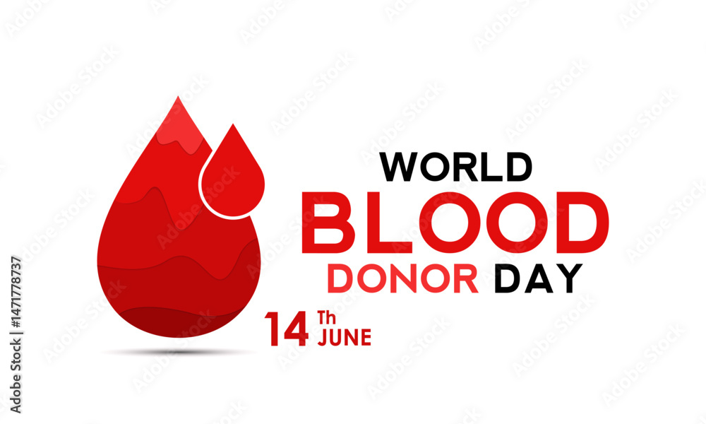 Obraz premium Illustration on the theme of World Blood Donor Day is held on 14 june. Blood Drop with hand and Realistic ribbon. One Drop Can Save a World. Blood bag and heart banner, cards, prints, social media.