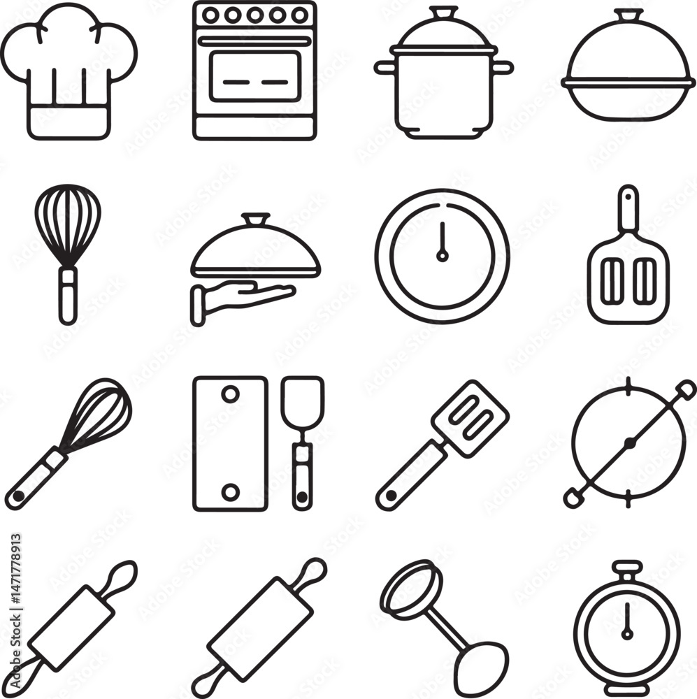 A modern, minimalistic cooking icon set in black and white line art style, displayed on a clean white background. A modern, minimalistic cooking icon set in black and white line art style, displayed on a clean white background.