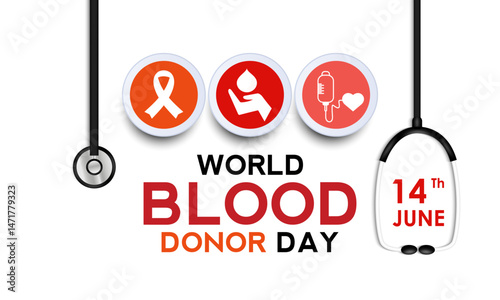 Illustration on the theme of World Blood Donor Day is held on 14 june. Blood Drop with hand and Realistic ribbon. One Drop Can Save a World. Blood bag and heart banner, cards, prints, social media.