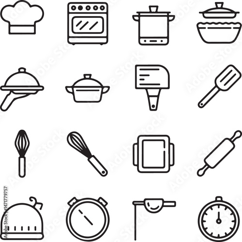 A modern, minimalistic cooking icon set in black and white line art style, displayed on a clean white background.