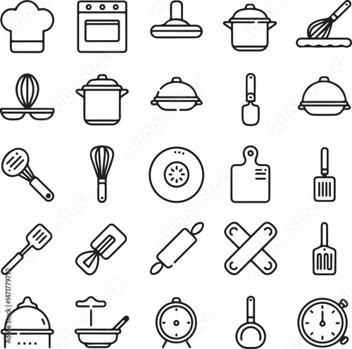 A modern, minimalistic cooking icon set in black and white line art style, displayed on a clean white background.