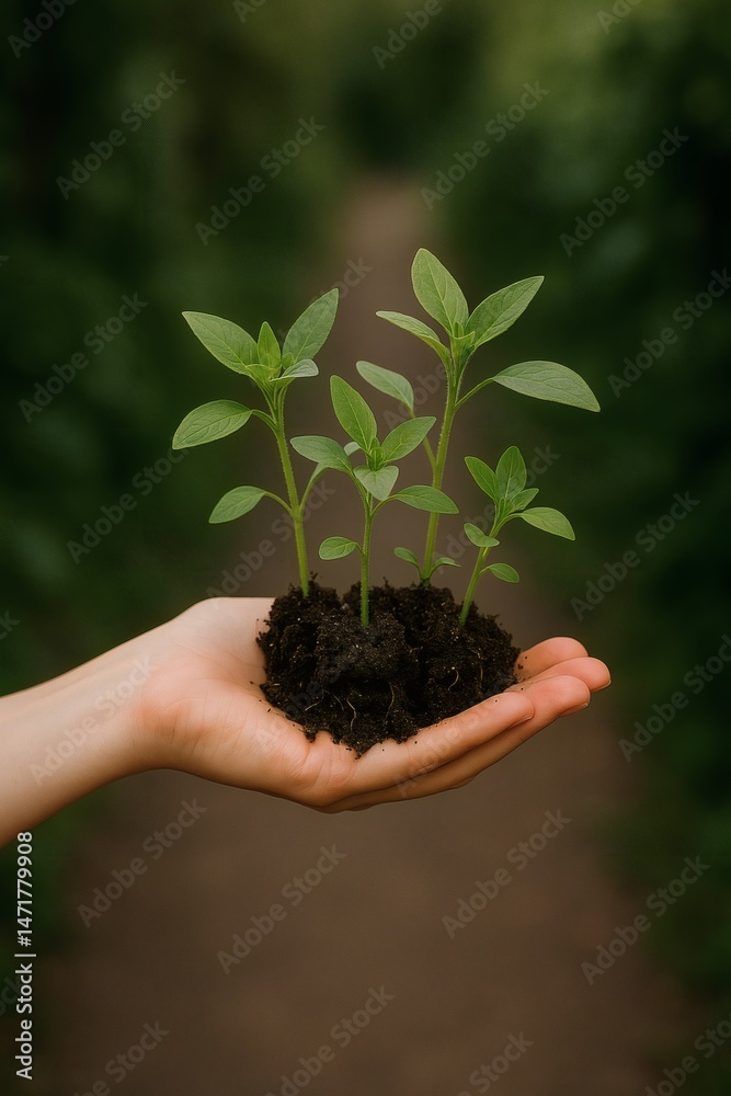 Hand Holding Young Green Seedlings with Soil for Growth and Environmental Concepts Hand Holding Young Green Seedlings with Soil for Growth and Environmental Concepts