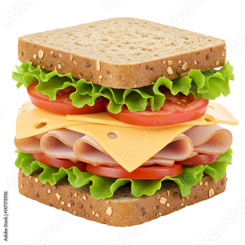 Multigrain sandwich with turkey, cheese, and vegetables
 photo