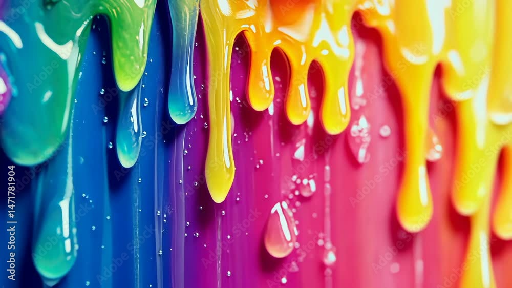 Vibrant and colorful paint splatter with a rainbow spectrum of colors, ideal for wall art, design background or creative decoration.