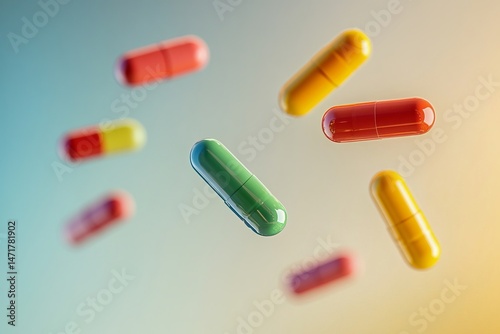 Colorful medicine capsules floating in the air on blue background, representing pharmaceutical innovation and health concepts