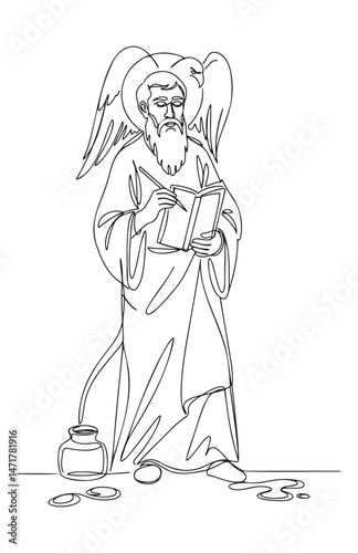 Saint John the Apostle writing in a book, thoughtful and serene, dressed in robes with an angelic presence