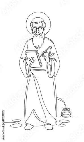 Saint John the Evangelist writing in a book, insightful and serene, adorned in robes with a calm demeanor in a minimalist style