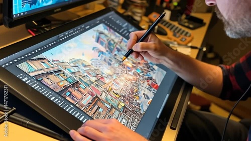 Artist creating vibrant cityscape artwork digitally