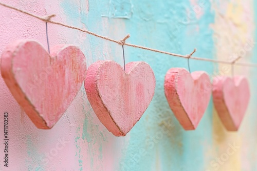 Pastel pink wooden hearts hanging on string against a colorful textured wall, romantic and soft decorative concept for love and affection themes