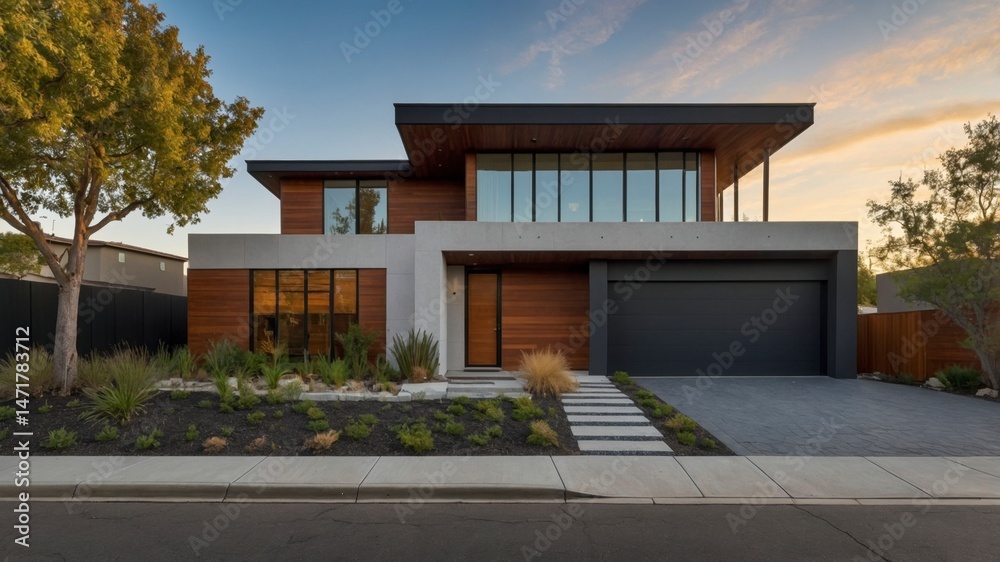 Fototapeta premium Contemporary two-level home design showcasing modern architecture and stylish living spaces with ample natural light and open floor plan
