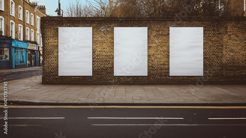 3 Vertical white blank poster mockup pasted on clean city brick wall, urban environment,