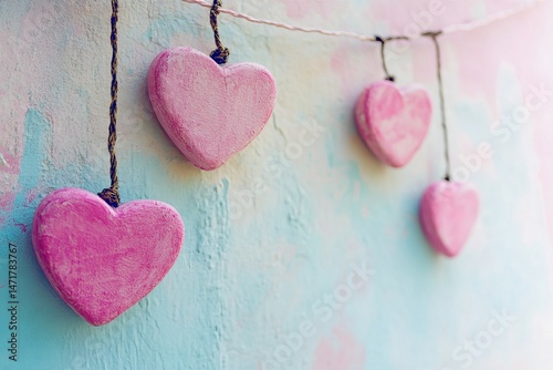 Pastel pink wooden hearts hanging on string against a colorful textured wall, romantic and soft decorative concept for love and affection themes